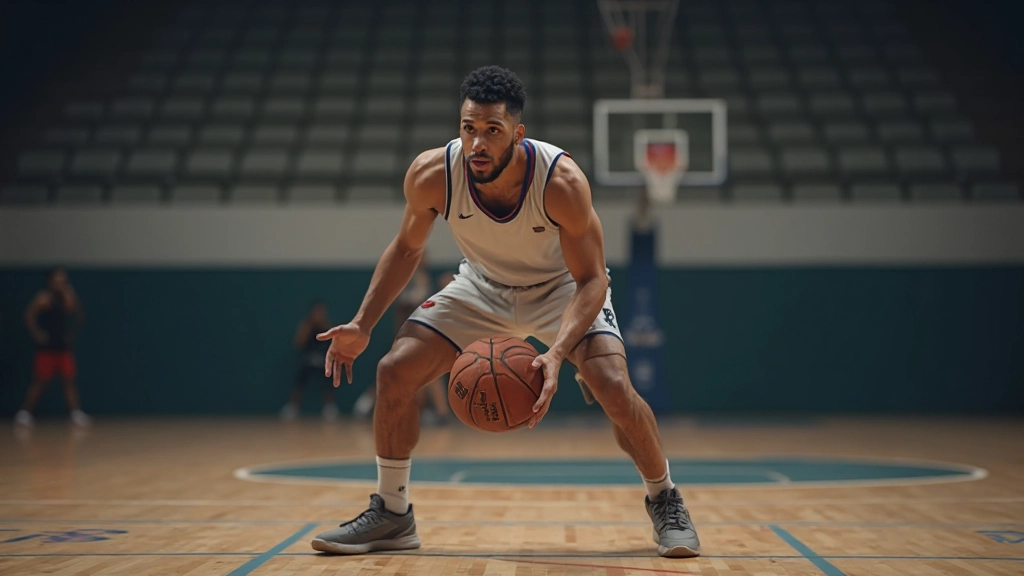 لاعب كرة سلة يظهر الموقف الدفاعي الصحيح مع ثني الركبتين والذراعين المرفوعة